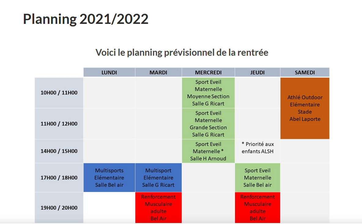 sport eveil planning 2021-22